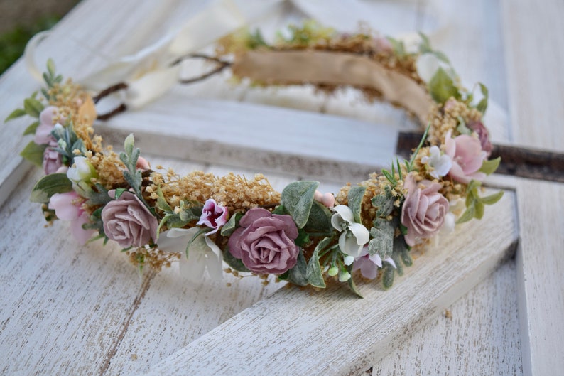 Dusty Rose Flower Crown Mauve Rose Baby Crown Photo Prop Dusty Pink Floral Halo Floral Crown Infant Photos Rose Hair Wreath image 7
