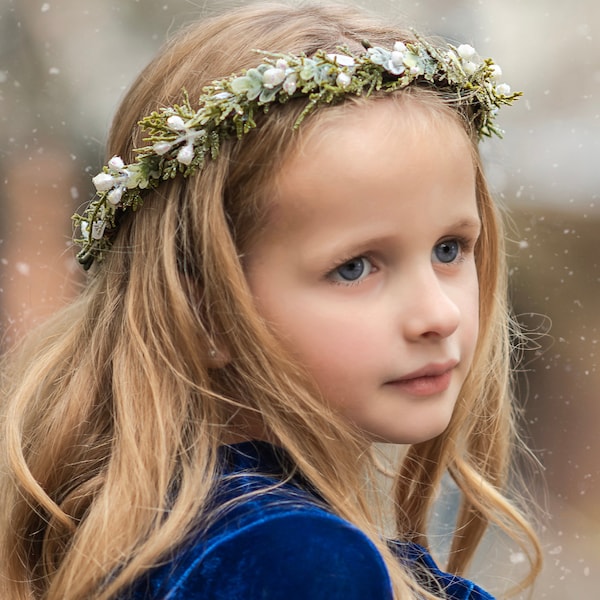 Dainty Greenery Flower Crown - Winter Flower Crown - Frosted Greenery Crown - Flower Girl Crown - Frosted Greenery with White Berries