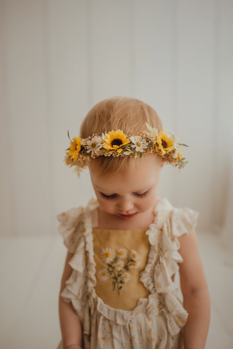 Sunflower & Daisy Flower Crown Sunflower Bridal Halo Rustic Flower Girl Crown Engagement Photos Sunflower Wedding Flower Crown image 2