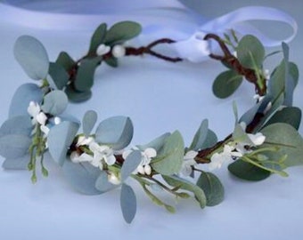Eucalyptus Flower Crown - Bridal Flower Crown- White Flower Bridal Crown - Bohemian Eucalyptus Wedding Halo - Bridal Flower Crown