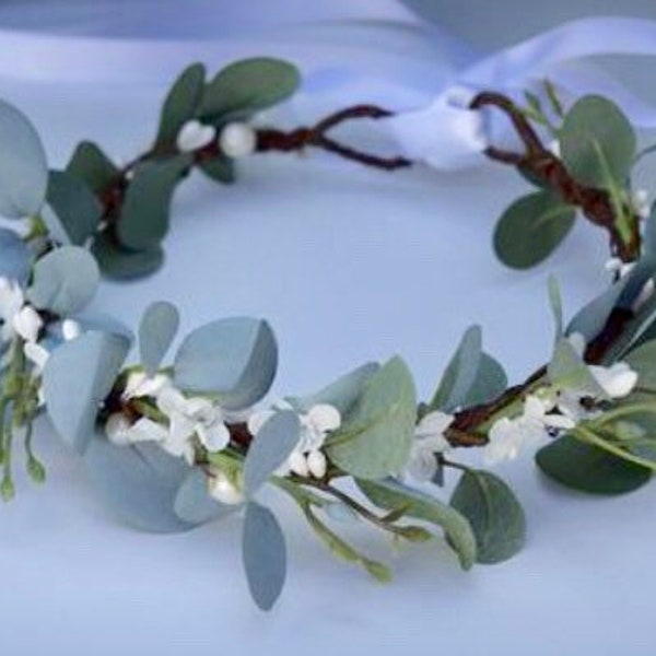 Eucalyptus Flower Crown - Bridal Flower Crown- White Flower Bridal Crown - Bohemian Eucalyptus Wedding Halo - Bridal Flower Crown