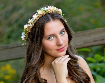 Blush Peach Rose Flower Crown: bloemenkrans bruidshaar