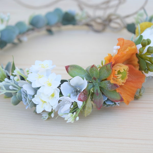California Flower Crown - Poppy & Succulent Flower Crown - Orange Flower Crown - Succulent Wedding Flower Crown - Engagement Photos
