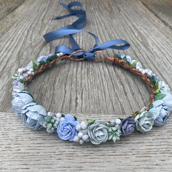 Dusty Blue Flower Crown - Flower Girl Crown - Baby Flower Crown - Rose Crown - Cake Smash - Something Blue Wedding Crown