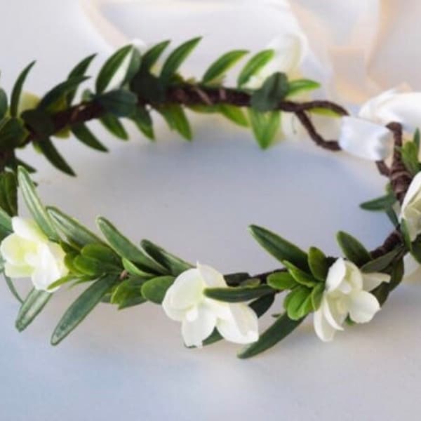 Tropical Flower Crown - Bridal Hair Wreath - Greenery Crown - Photo Prop - Flower Girl Crown - Garden Wedding - White & Green Hair Wreath