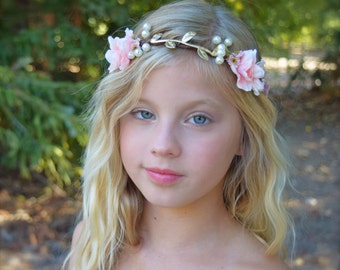 Pink, Pearl & Gold Flower Crown - Flower Girl Crown - Birthday Halo - Bridal Headpiece - Baby Photo Prop - Fairy Princess Crown
