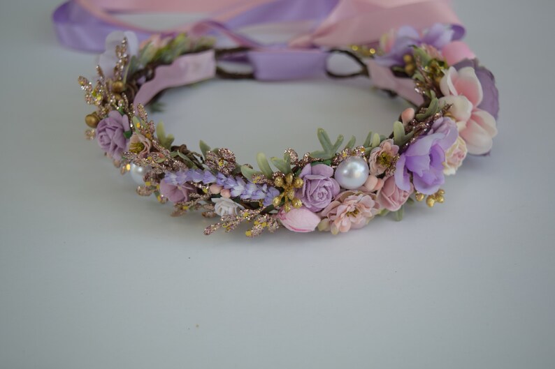 Pink Lavender & Gold Flower Crown Rapunzel Flower Crown Etsy