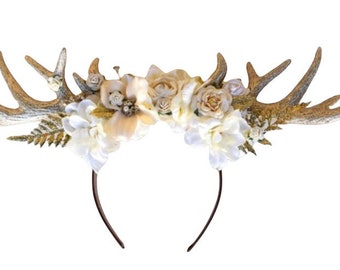 Deer Antler Christmas Headband - PHOTO PROP - Golden Deer Antler Photo Prop -Boho Christmas Antlers with Ivory & Gold - Gold Christmas Halo