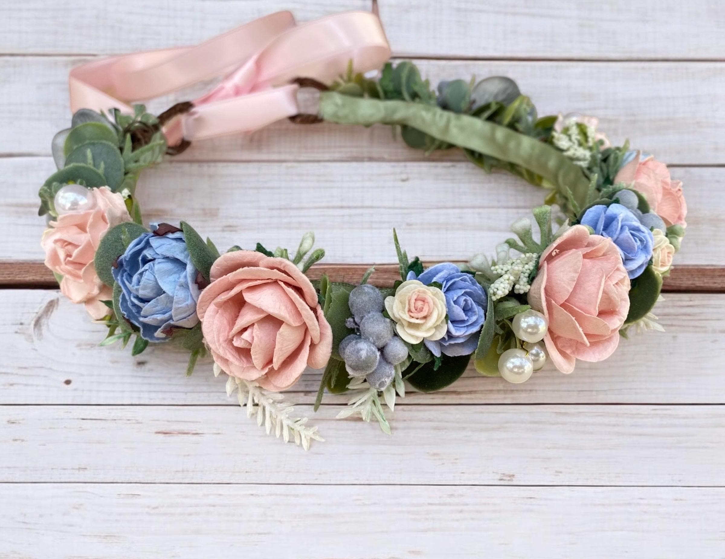 Dusty Blue & Pink Flower Crown- Bridal Flower Crown- Dusty 