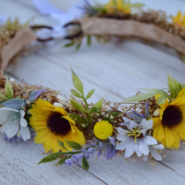Sunflower & Lavender Flower Crown - Sunflower Bridal Halo - Rustic Flower Girl Crown - Engagement Photos- Sunflower Wedding Flower Crown