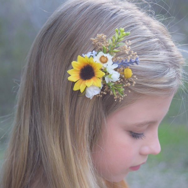 Sunflower & Lavender Hair Clip - beautiful hair clip with natural gypsophila, sunflower, floral buttons, and greenery - wedding hair clip