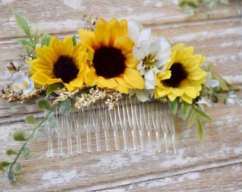 Sunflower Hair Comb - Floral Hair Comb  - Bridal Floral Hair Comb - Sunflower & Wild Daisy Hair Piece - Bridal Updo Hair Comb - Rustic Comb