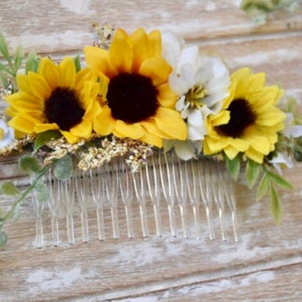 Sunflower Hair Comb - Floral Hair Comb  - Bridal Floral Hair Comb - Sunflower & Wild Daisy Hair Piece - Bridal Updo Hair Comb - Rustic Comb