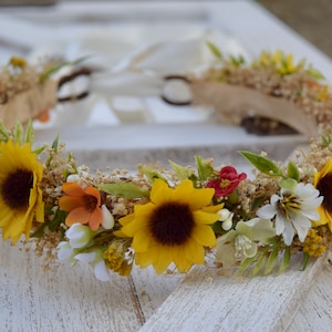 Corona de flores de girasol de otoño: Halo de novia de boda rústica