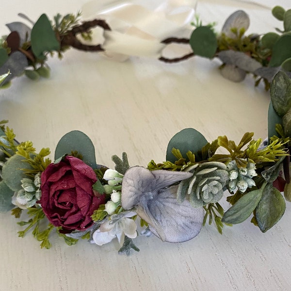 Steel Blue & Burgundy Succulent Flower Crown -Bridal Flower Crown- Photo Prop - Engagement Photos - Flower Girl Eucalyptus Crown-Boho Bride