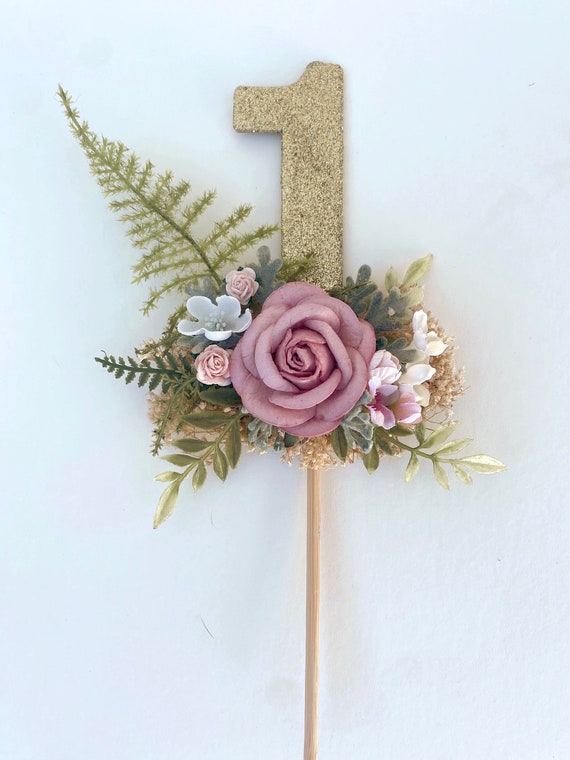 Dusty Rose Floral Cake Topper: Gold Glitter Number One