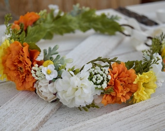 Orange & Yellow Flower Crown - Marigold Flower Crown - Hair Wreath - Spring and Summer Festival Crown - Day of the Dead - Dia De Los Muertos