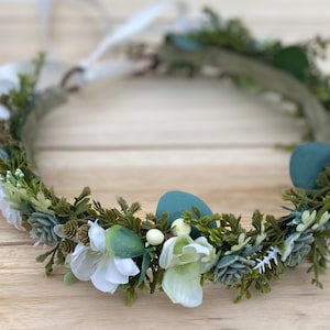 Succulent Flower Crown Pale Green/Blue/Creams Succulent and Rose Bridal Crown Succulent Halo Bridal Hair Succulent Photo Prop Crown image 2