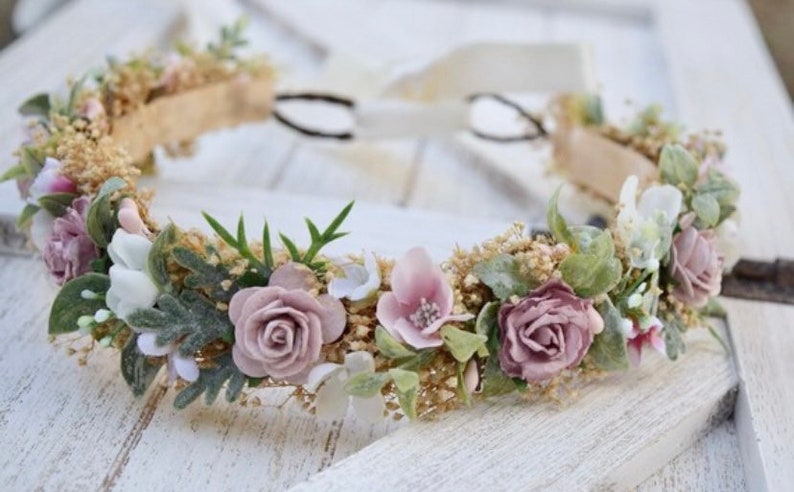 Dusty Rose Flower Crown Mauve Rose Baby Crown Photo Prop Dusty Pink Floral Halo Floral Crown Infant Photos Rose Hair Wreath image 2