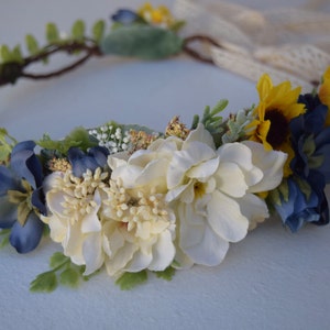 Sunflower Wedding Crown: Navy Blue Floral Halo, Rustic Hair Piece