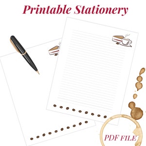 Puede incluir: Papelería imprimible con una taza de café y una rebanada de pastel con una mancha de café marrón en la esquina inferior derecha. El texto "PDF FILE" está en la parte inferior de la imagen.