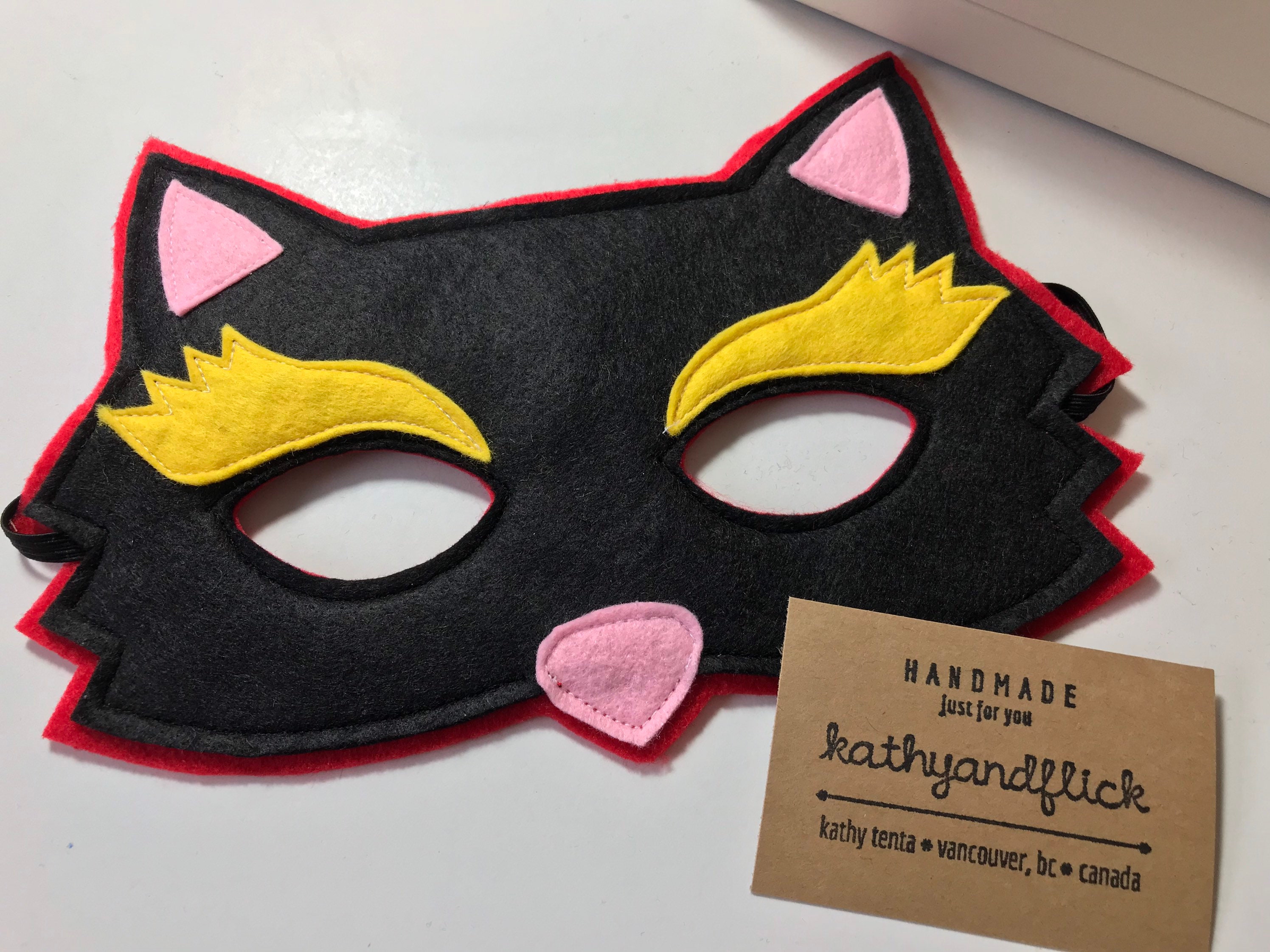 Handmade Kids Black Cat Felt Face Mask for Halloween Costume or Everyday Pretend Play