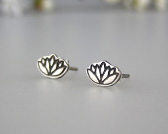 Oxidized Sterling Silver Lotus Earrings | Hand Stamped Flower Studs | Handmade Nature Earrings | Boho Floral Stud Earrings | Made to Order