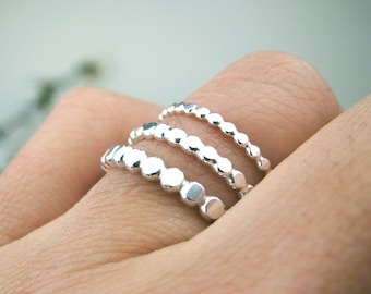 Hammered Beaded Sterling Silver Stacking Rings | Dainty, Medium, and Thick Rings | Bohemian Unisex Silver Stackable Ring Set | Made to Order