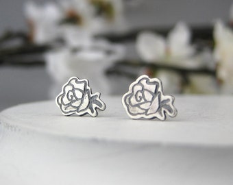 Oxidized Silver Rose Earrings | Hand Stamped Flower Earrings | Nature Stud Earrings | Everyday Jewelry | Boho Floral Studs | Made to Order