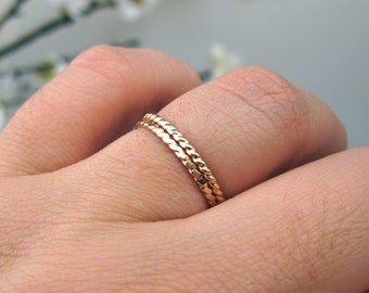 14k Gold Filled Twist Stacking Ring Set | Dainty, Thin Hammered Twisted Rings | Minimalist Handmade Boho Stackable Rope Ring | Made to Order