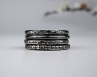 Thick Oxidized Sterling Silver Stacking Ring Set of 4 | Handmade Chunky Stackable Rings Set | Boho Grunge Statement Jewelry | Made to Order