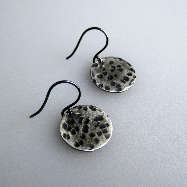 Bohemian Moons Made to Order Full Moon Earrings Crater Texture Drop Style Oxidized Sterling Silver Full Moon Phase Dangle Earrings