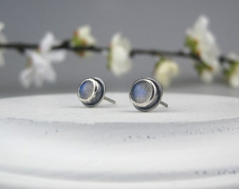 Moonstone Earrings | Rainbow Moonstone Stud Earrings | June Birthstone Studs | Oxidized Sterling Silver Whimsigoth Earrings | Made to Order