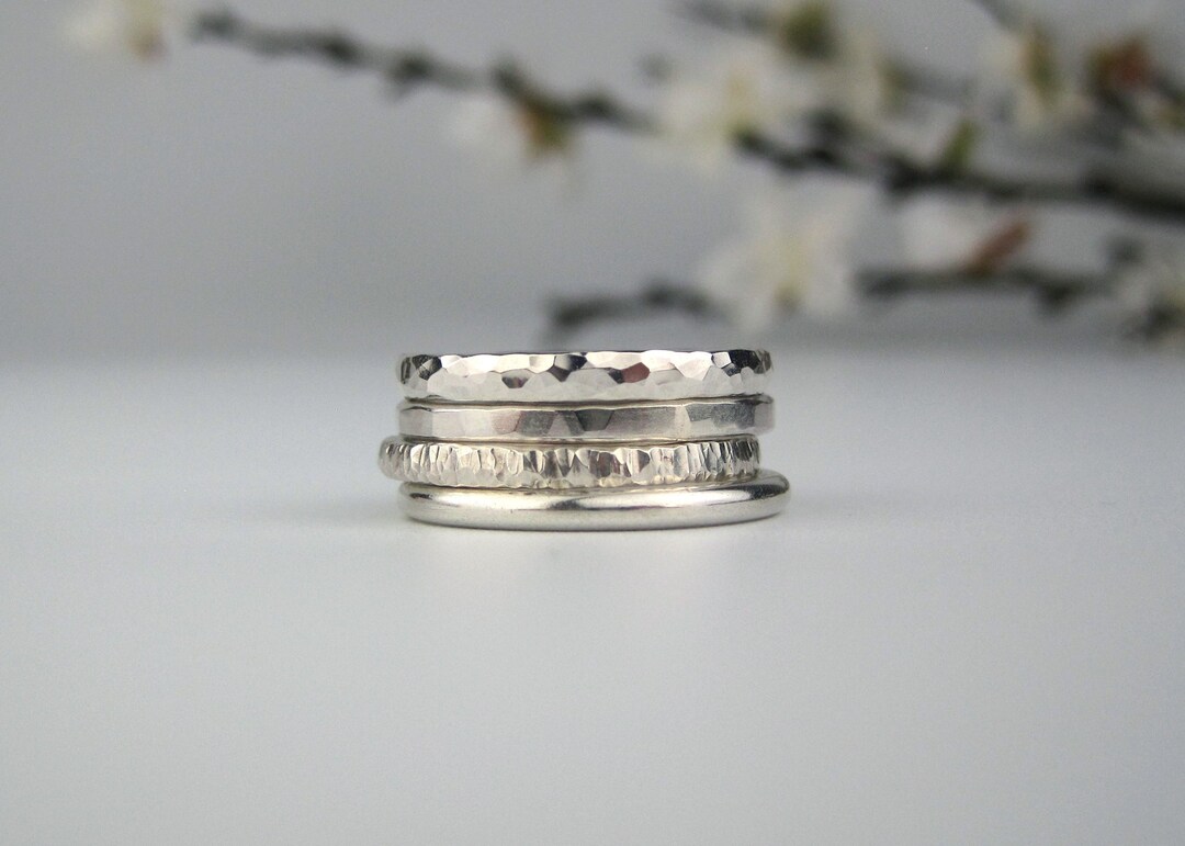 Thick Sterling Silver Stacking Ring Set of 4 | Boho Handmade Rings Set ...