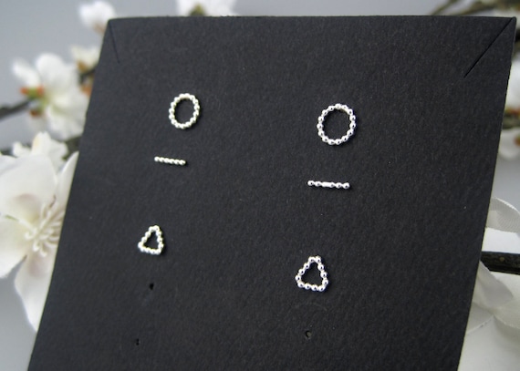 Sterling Silver Stud Earring Set | Handmade Dotted Geometric Earrings | Triangle, Line, Circle Studs | Preppy Earring Stack | Made to Order