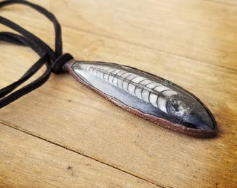 Copper Electroformed Orthoceras necklace with Leather cord
