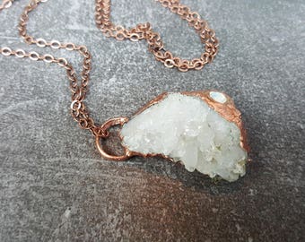 Quartz crystal cluster pendant with moonstone copper electroformed necklace
