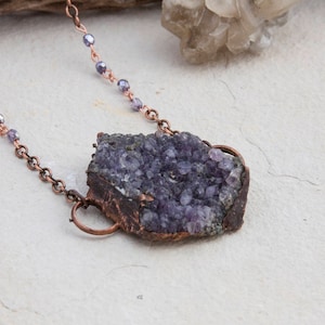 Amethyst crystal cluster electroformed copper pendant necklace