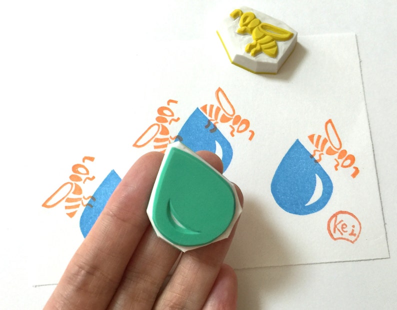Hand Carved Rubber StampsEraser StampHandmade CraftDIY BackgroundPatternInsectHoneyFamilyWork Hard BEE With Water Drop