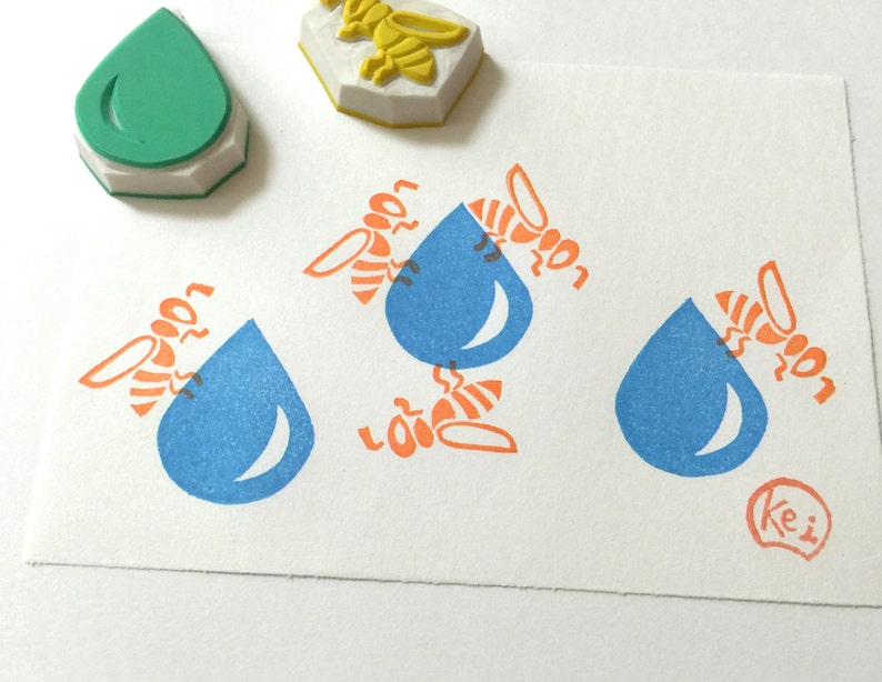Hand Carved Rubber StampsEraser StampHandmade CraftDIY BackgroundPatternInsectHoneyFamilyWork Hard BEE With Water Drop