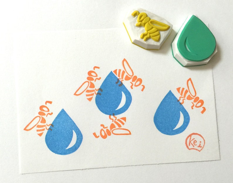 Hand Carved Rubber StampsEraser StampHandmade CraftDIY BackgroundPatternInsectHoneyFamilyWork Hard BEE With Water Drop