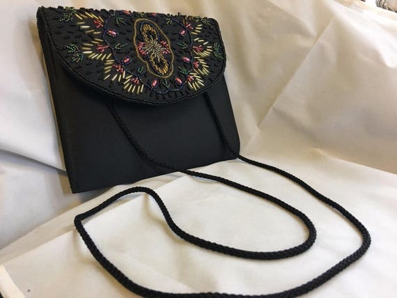Vintage Black Satin Evening Bag Multi-Colored Bea… - image 2