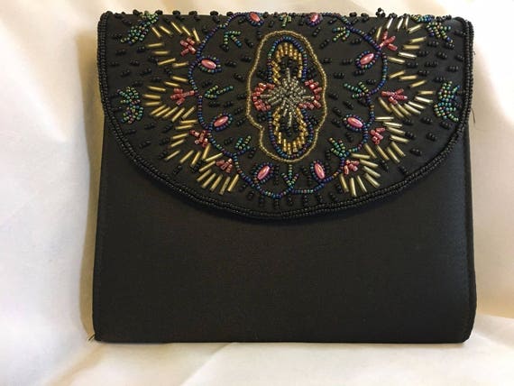 Vintage Black Satin Evening Bag Multi-Colored Bea… - image 3