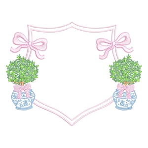 Preppy Crest Chinoiserien-Topfstickerei, Chinoiserie-Topiary-Stickerei, Crest-Stickerei, Preppy Crest Bögen Stickdesign