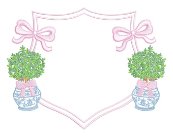 Broderie de pot chinoiserie écusson preppy, broderie topiaire chinoiserie, broderie écusson, motif de broderie d'arcs écusson preppy