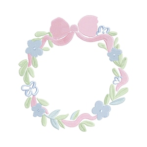Preppy embleem krans grandmillennial borduurontwerp, digitale borduurontwerpen, instant download, coquette bow crest bloemenkrans