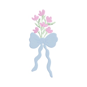Grandmillennial Floral bow embroidery design, digital embroidery designs, instant download, bouquet embroidery, preppy floral embroidery