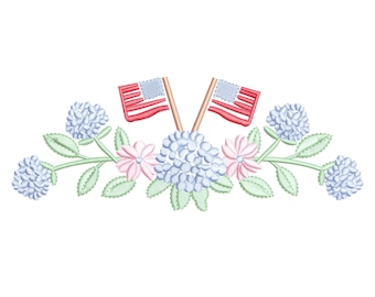 4th of July hydrangea embroidery, embroidery patriotic Flag, independence day hydrangea, hydrangea flowers, American flag embroidery