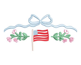 4th of July bow embroidery, embroidery patriotic Flag, coquette bow, red white and blue embroidery designs, American flag embroidery