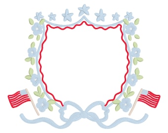 4th of July crest embroidery, embroidery patriotic crest, coquette bow, red white and blue embroidery designs, American flag embroidery